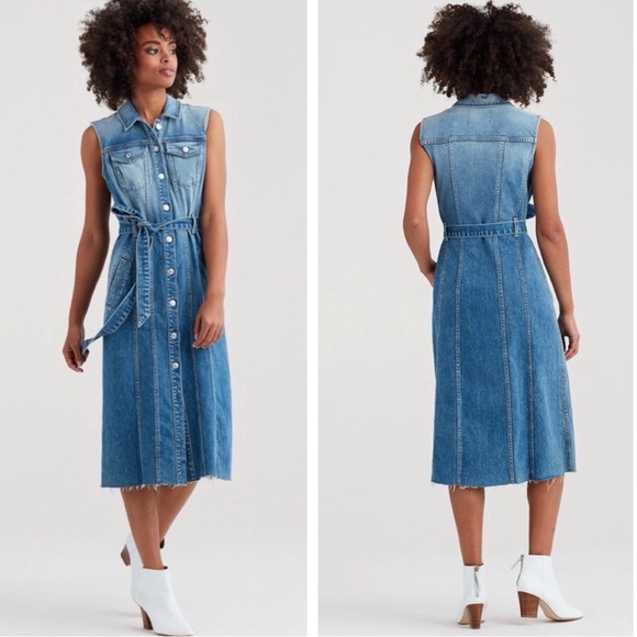 7 For All Mankind Denim Button Up Midi Dress Sleeveless Frayed Hem Pocket Size M - Picture 1 of 9